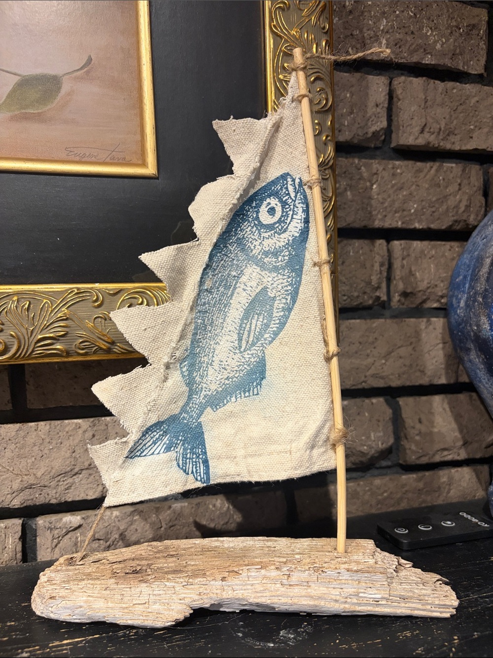 Homemade Nova Scotia Neutral Canvas Fish Sail Décor on Driftwood Base